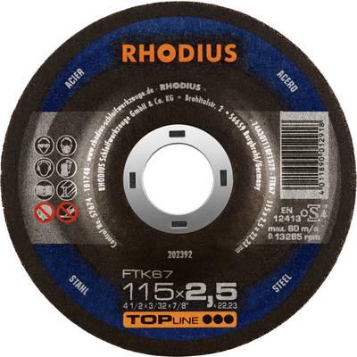 Tarcza ścierna 'RHODIUS', średnica 115 mm, odpowiednia do stali i stali nierdzewnej. EN 12413, maks. 80 m/s.