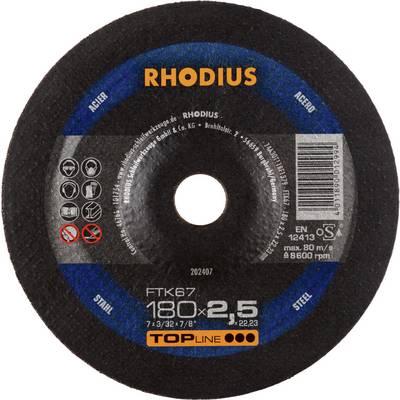 'RHODIUS' tarcza szlifierska, typ FTK67, średnica 180 mm, grubość 2,5 mm, odpowiednia do stali, maks. 80 m/s.