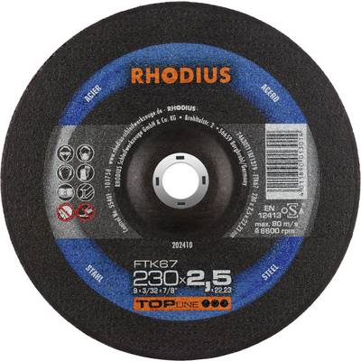 Tarcza ścierna 'Rhodius' do stali, średnica 230 mm, grubość 2,5 mm, maks. 80 m/s, 6.500 obr./min, jakość TopLine, norma: EN 12413.
