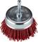 Druciak druciany w kolorze czerwonym i srebrnym, cylindryczny z włosiem. Akcesorium do wiertarek przeznaczone do czyszczenia powierzchni i usuwania materiału.
