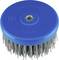 Okrągła, niebieska szczotka druciana z szarymi włosiem, z oznaczeniem 'nmax. 2500 obr./min'. Odpowiednia do prac czyszczących lub polerskich.