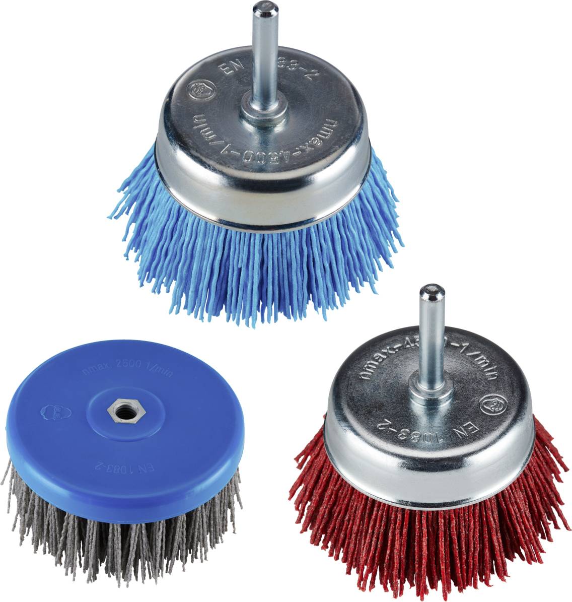 Trzy szczotki do garnków z metalowymi gwintami: jedna z niebieskim włosiem, jedna z czerwonym i jedna z drucianych stalowych włosków.