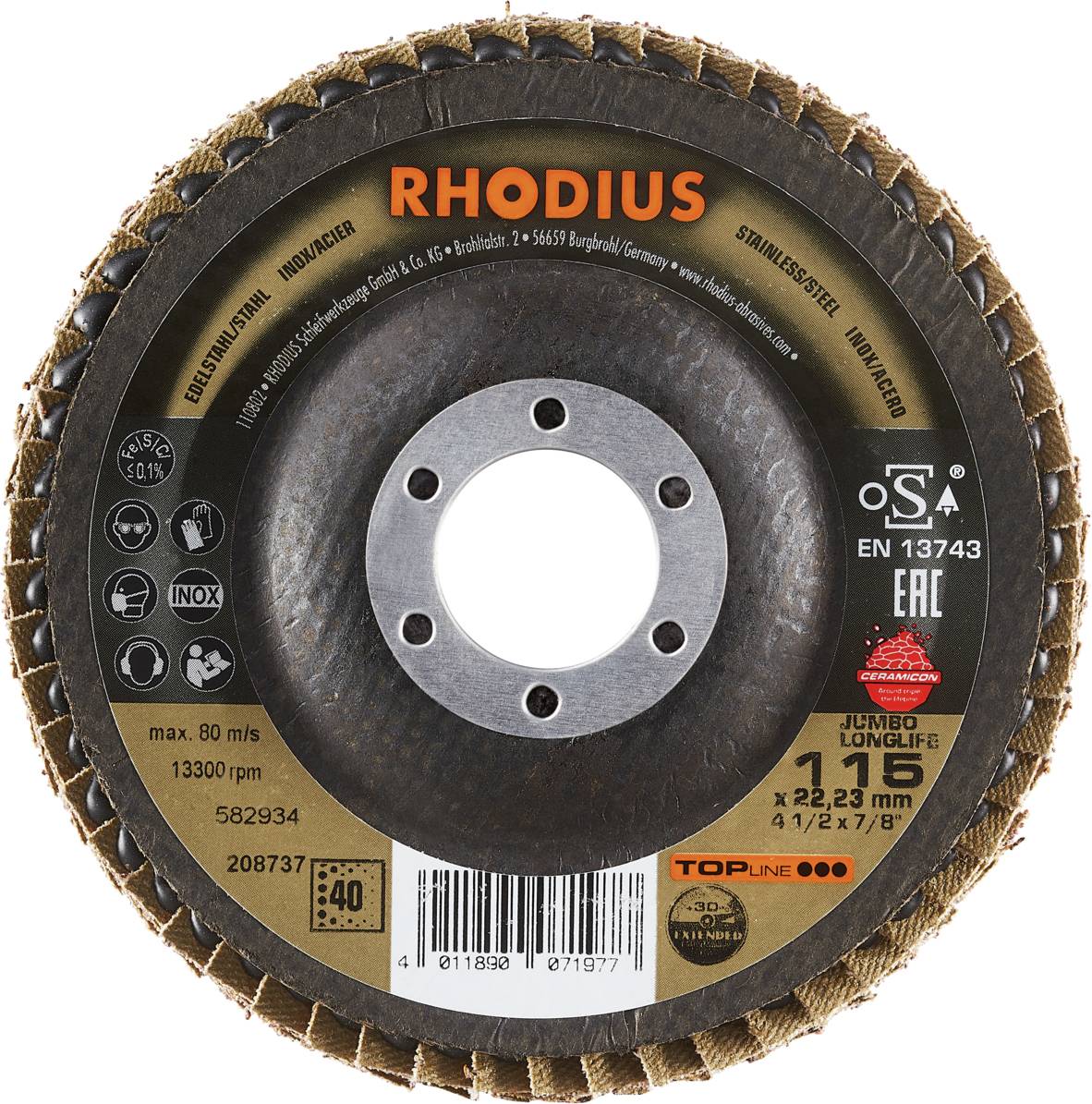 Tarcza szlifująca RHODIUS z informacjami o numerze modelu, rozmiarze i szczegółach technicznych, takimi jak maksymalna prędkość obrotowa i materiały.