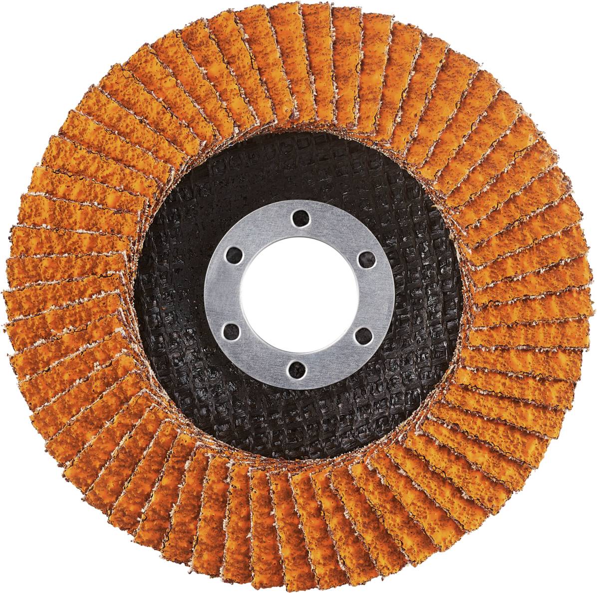 Czerwona tarcza lamelowa z czarnym środkiem i ośmioma otworami, używana do szlifowania i polerowania powierzchni.