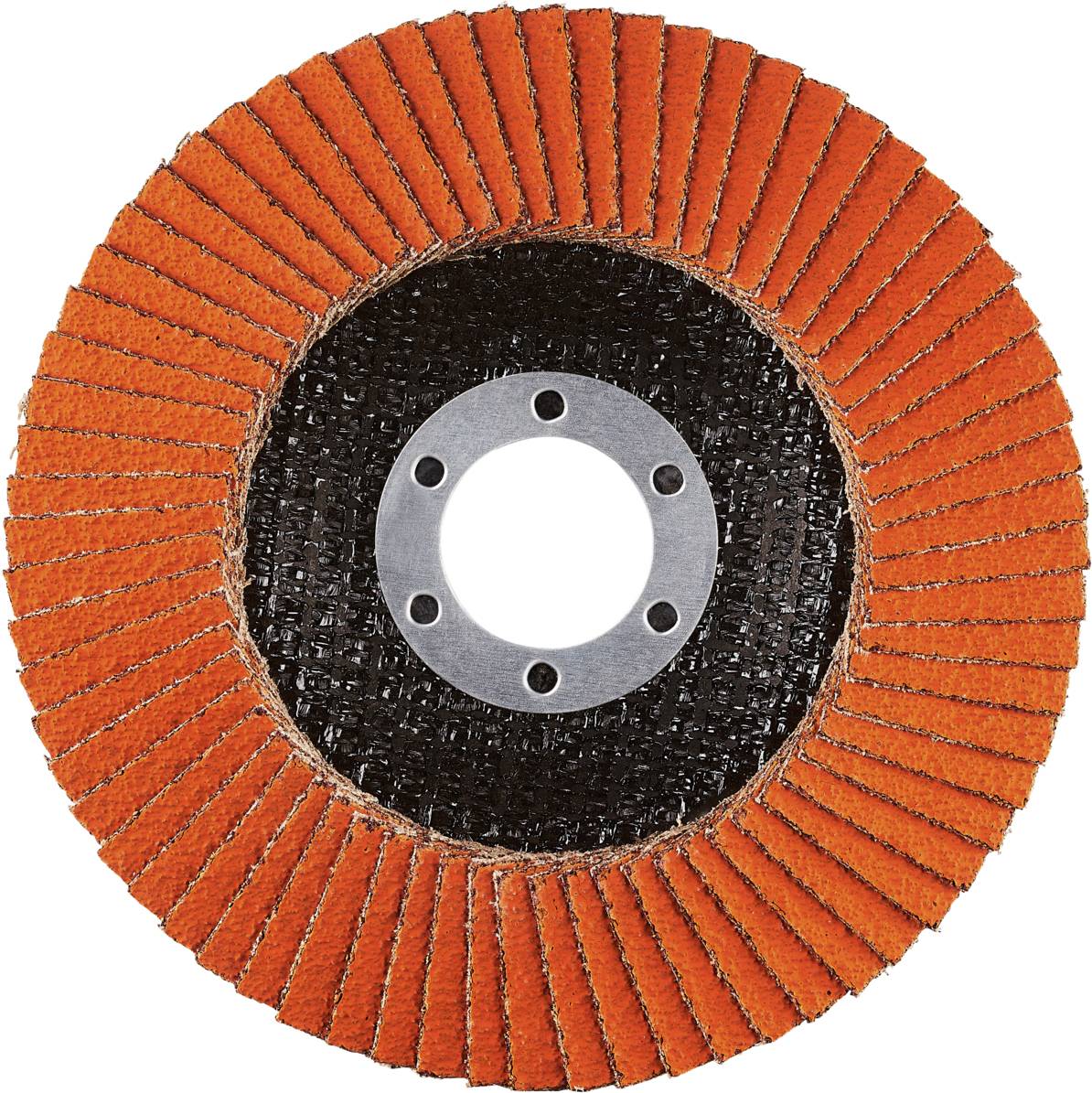 Okrągła tarcza szlifierska z czerwonymi lamelkami i czarnym środkiem, centralna część mocująca z wieloma otworami do podłączenia narzędzia.