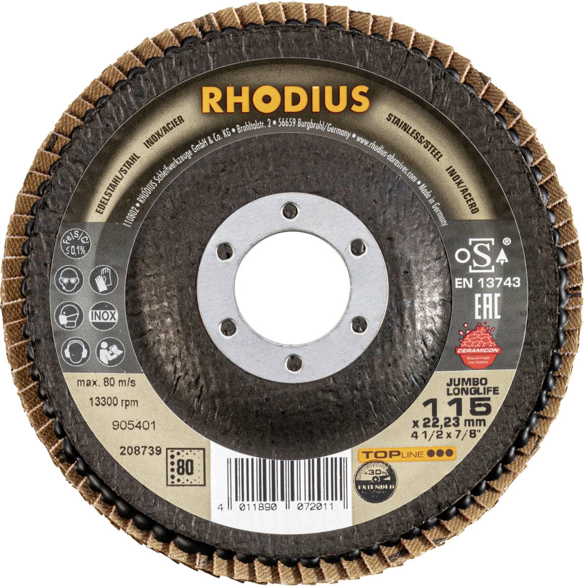 Tarcza szlifierska 'RHODIUS' z oznaczeniami: 116 mm, 13300 obr./min. Odpowiednia do obróbki metali, stali nierdzewnej, aluminium.