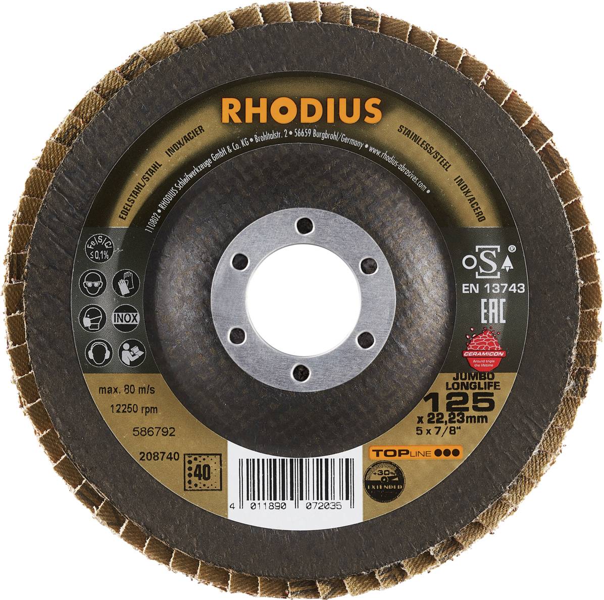 'Tarcza szlifierska RHODIUS, typ L 125, Ø 125 mm, maks. 80 m/s, 12250 obr./min, do stali nierdzewnej i stali, kod kreskowy: 4011890101620.'