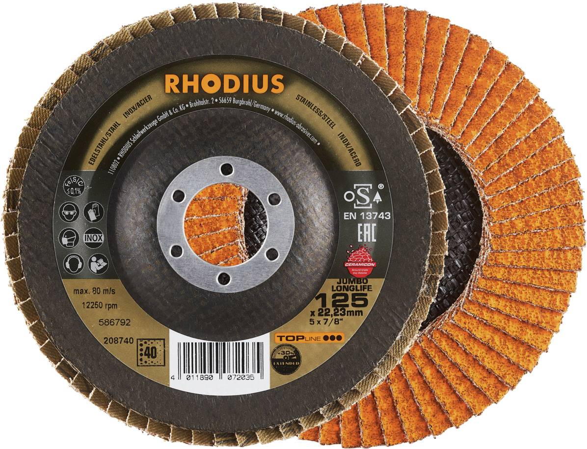 Dwie tarcze szlifierskie z napisem 'RHODIUS 125 x 22,23 mm'. Jedna tarcza pokazuje etykietę produktu, druga powierzchnię ścierną.