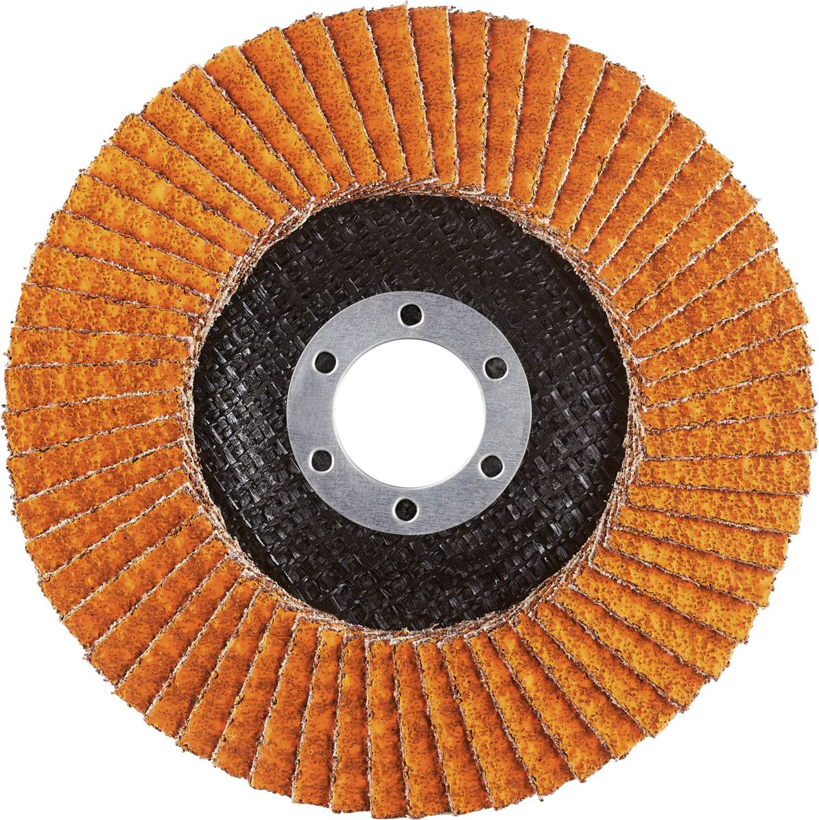 Tarcza szlifierska z pomarańczowymi listwami ułożonymi w kształcie koła oraz centralnym otworem metalowym, przeznaczona do prac szlifierskich.