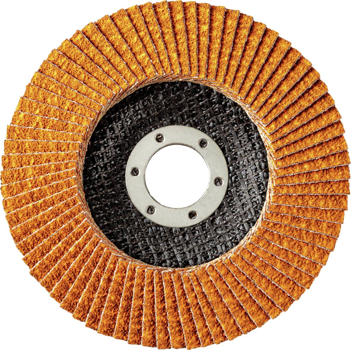 Okrągła tarcza szlifierska z pomarańczowymi lamelkami i czarnym środkiem, używana do wygładzania powierzchni w rzemiośle i przemyśle.