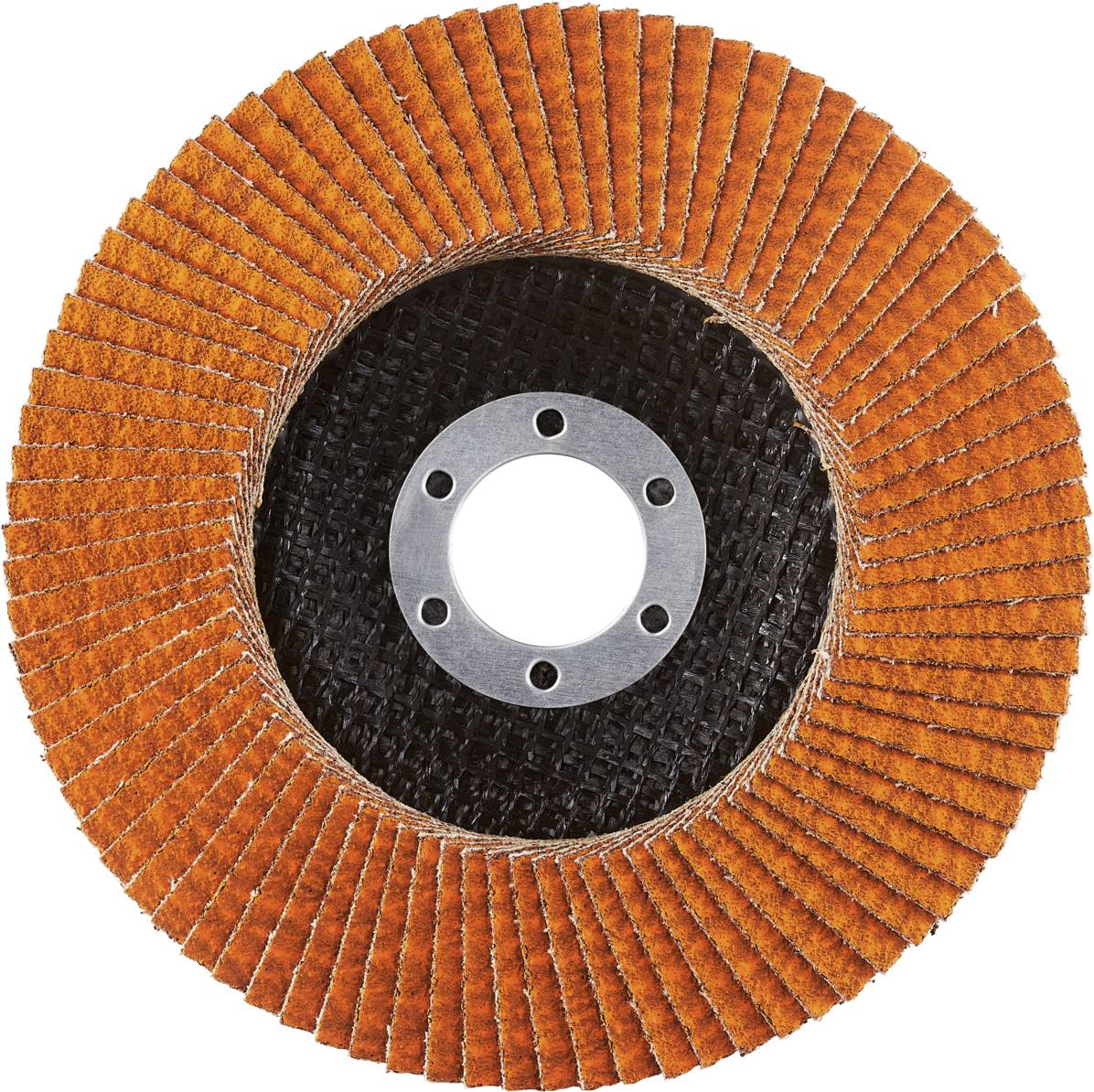 Okrągła tarcza szlifierska z pomarańczowymi lamelkami wokół centralnego otworu metalowego.