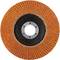 Okrągła tarcza szlifierska z pomarańczowymi lamelkami wokół centralnego otworu metalowego.