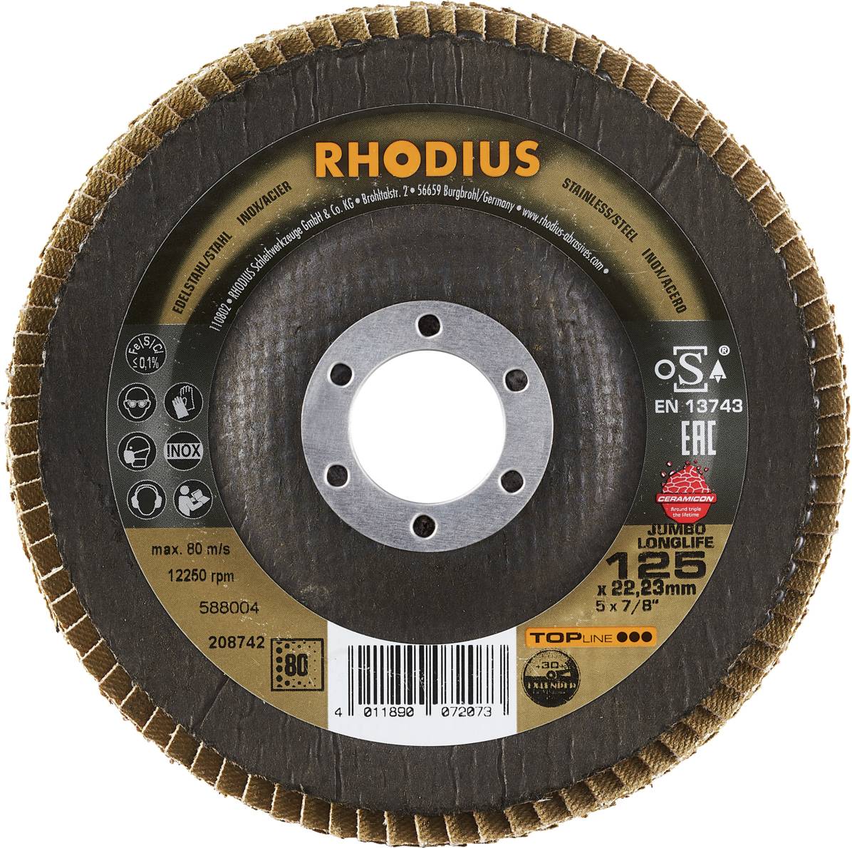 Tarcza szlifierska RHODIUS o średnicy 125 mm, odpowiednia do obróbki stali nierdzewnej, wraz z certyfikatami bezpieczeństwa.