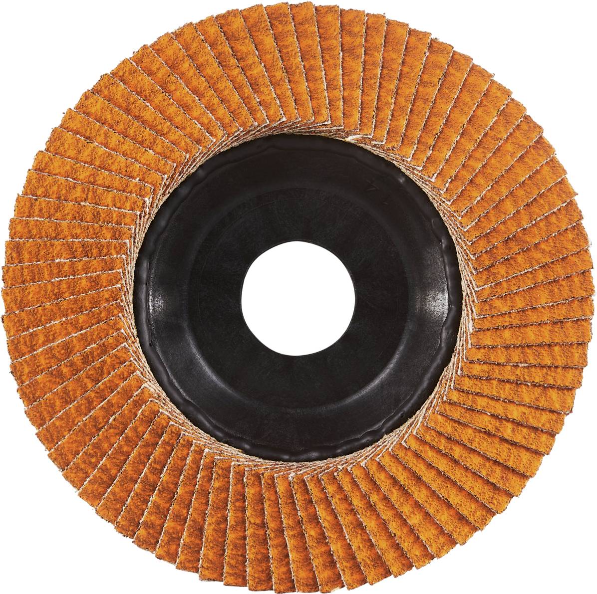 Okrągła tarcza szlifierska z pomarańczowymi lamellami ułożonymi wachlarzowo wokół czarnego środka.