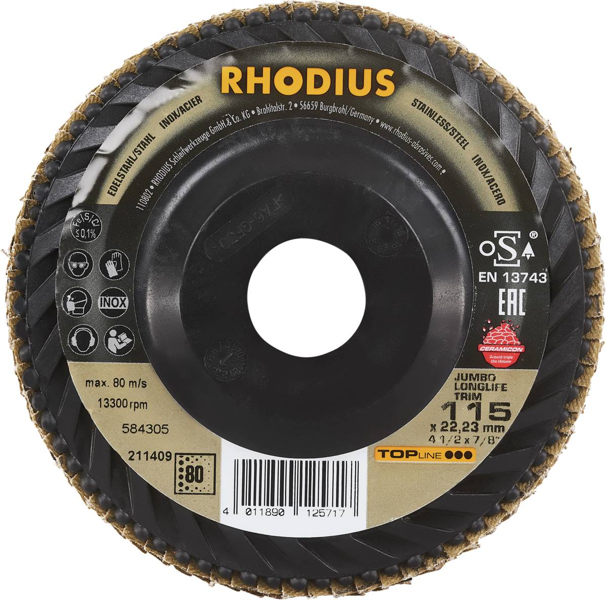 Tarcza tnąca marki Rhodius, maks. 80 m/s, 13300 obr./min, 125 mm średnicy. Odpowiednia do obróbki stali nierdzewnej.