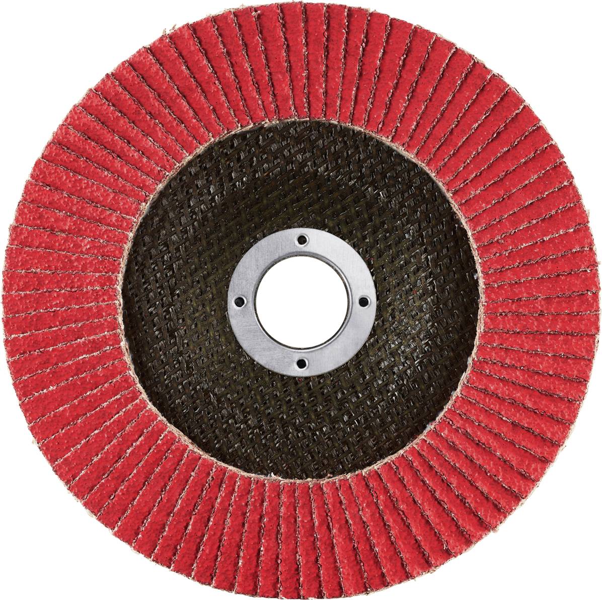Czerwona tarcza szlifierska z licznymi, równomiernie rozmieszczonymi listwami; służy do szlifowania powierzchni.