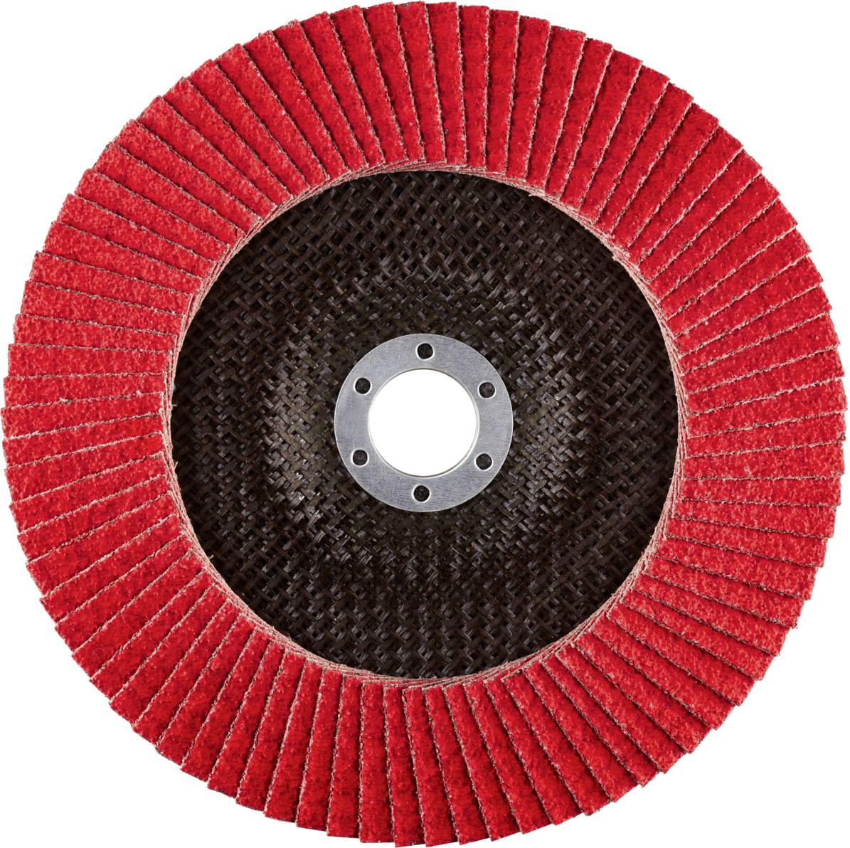 Czerwona tarcza szlifierska z umieszczonymi w kształcie koła lamelkami i centralnym otworem mocującym, przeznaczona do szlifowania metalu.
