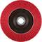 Czerwona tarcza szlifierska z umieszczonymi w kształcie koła lamelkami i centralnym otworem mocującym, przeznaczona do szlifowania metalu.