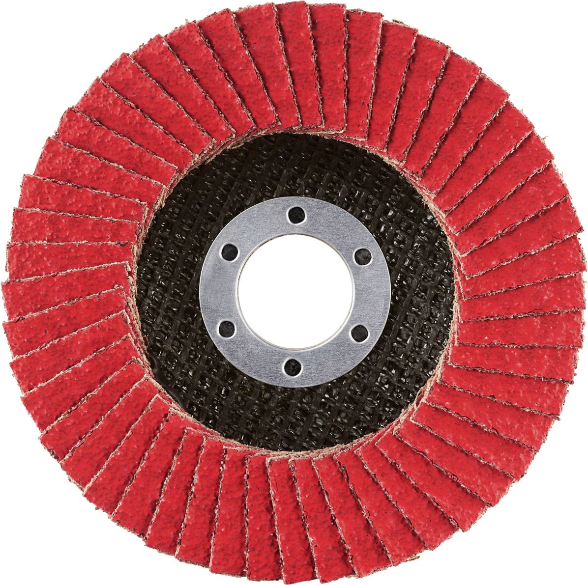 Czerwona tarcza szlifierska z lamelkami o okrągłym zarysie i koncentrycznych pierścieniach, przeznaczona do obróbki metalu lub drewna.