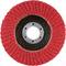Czerwona tarcza szlifierska z lamelkami o okrągłym zarysie i koncentrycznych pierścieniach, przeznaczona do obróbki metalu lub drewna.