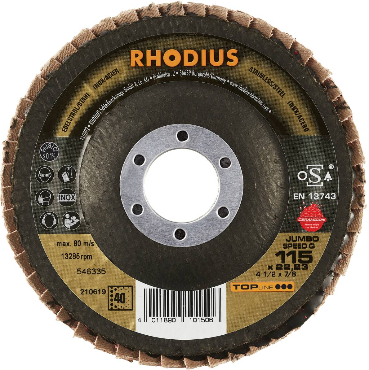 Tarcza ścierna Rhodius z parametrami: maks. 80 m/s, 13285 obr./min, 115 x 22,23 mm do obróbki stali nierdzewnej, stali szlachetnej, blachy stalowej, produkowana zgodnie z normą EN 13743.