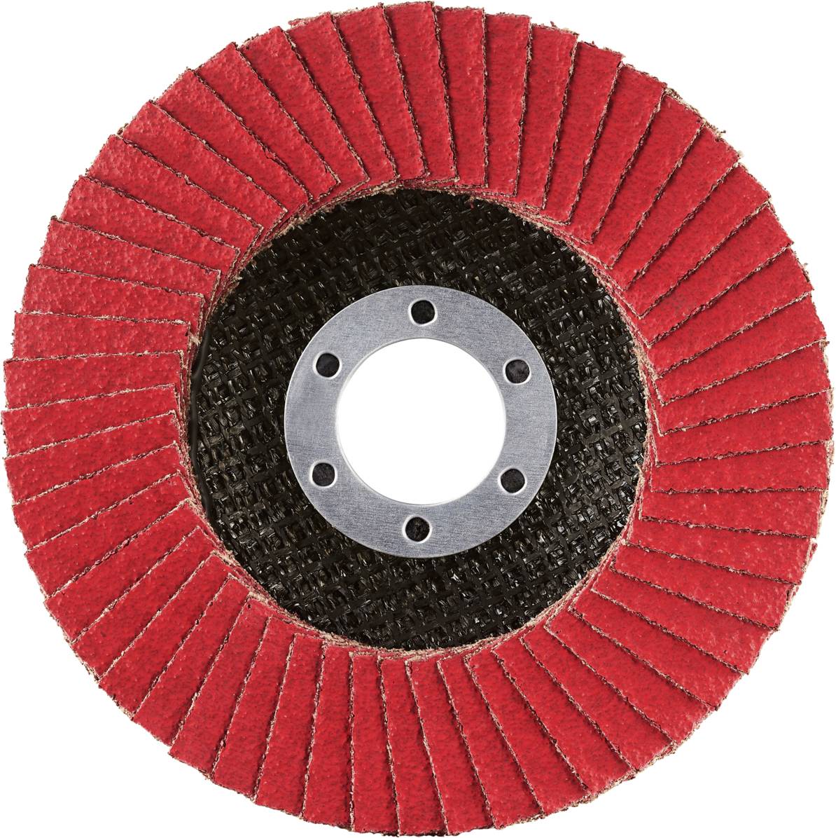 Czerwona tarcza listkowa z centralnym dyskiem i wieloma listkami szlifierskimi, używana do szlifowania i wygładzania powierzchni.