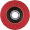 Czerwona tarcza listkowa z centralnym dyskiem i wieloma listkami szlifierskimi, używana do szlifowania i wygładzania powierzchni.