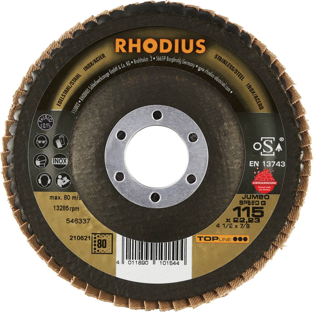 Tarcza listkowa Rhodius, odpowiednia do stali nierdzewnej i innych metali. Maksymalna prędkość obrotowa: 13.285 obr./min, rozmiar: 115 x 22,23 mm.