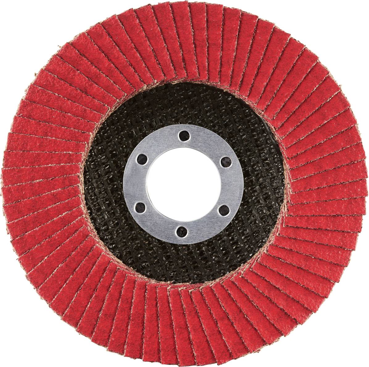 Czerwona tarcza lamelowa z czarnym kołem wewnętrznym i otworem metalowym, używana do szlifowania materiałów.
