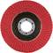 Czerwona tarcza lamelowa z czarnym kołem wewnętrznym i otworem metalowym, używana do szlifowania materiałów.