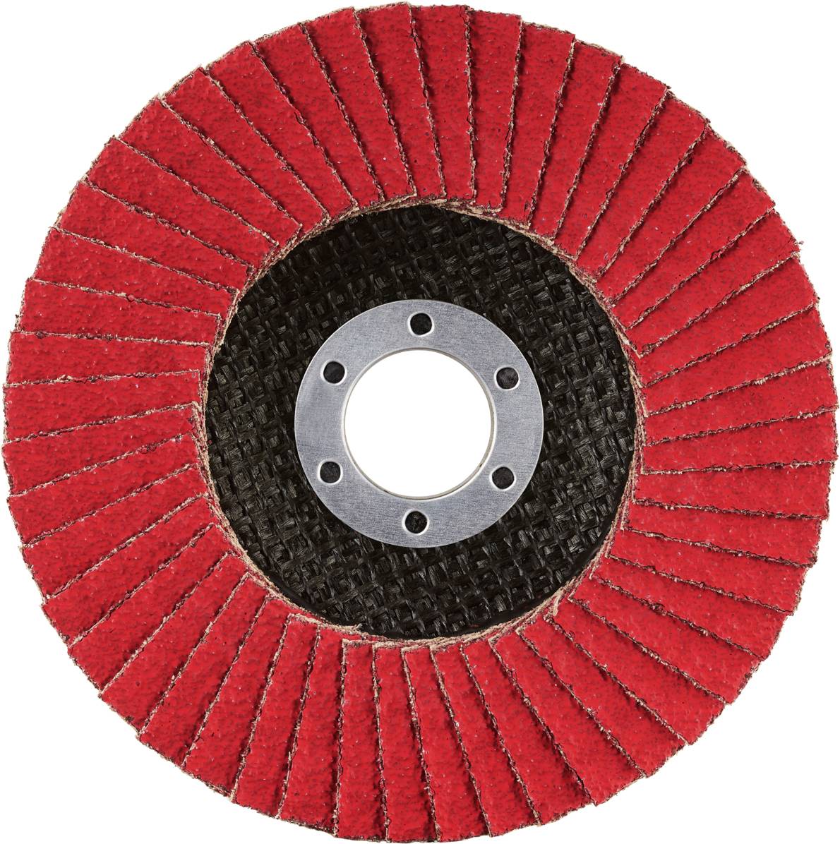 Czerwony talerz szlifierski z łopatkami ułożonymi promieniście wokół centralnego metalowego pierścienia. Odpowiedni do prac szlifierskich.