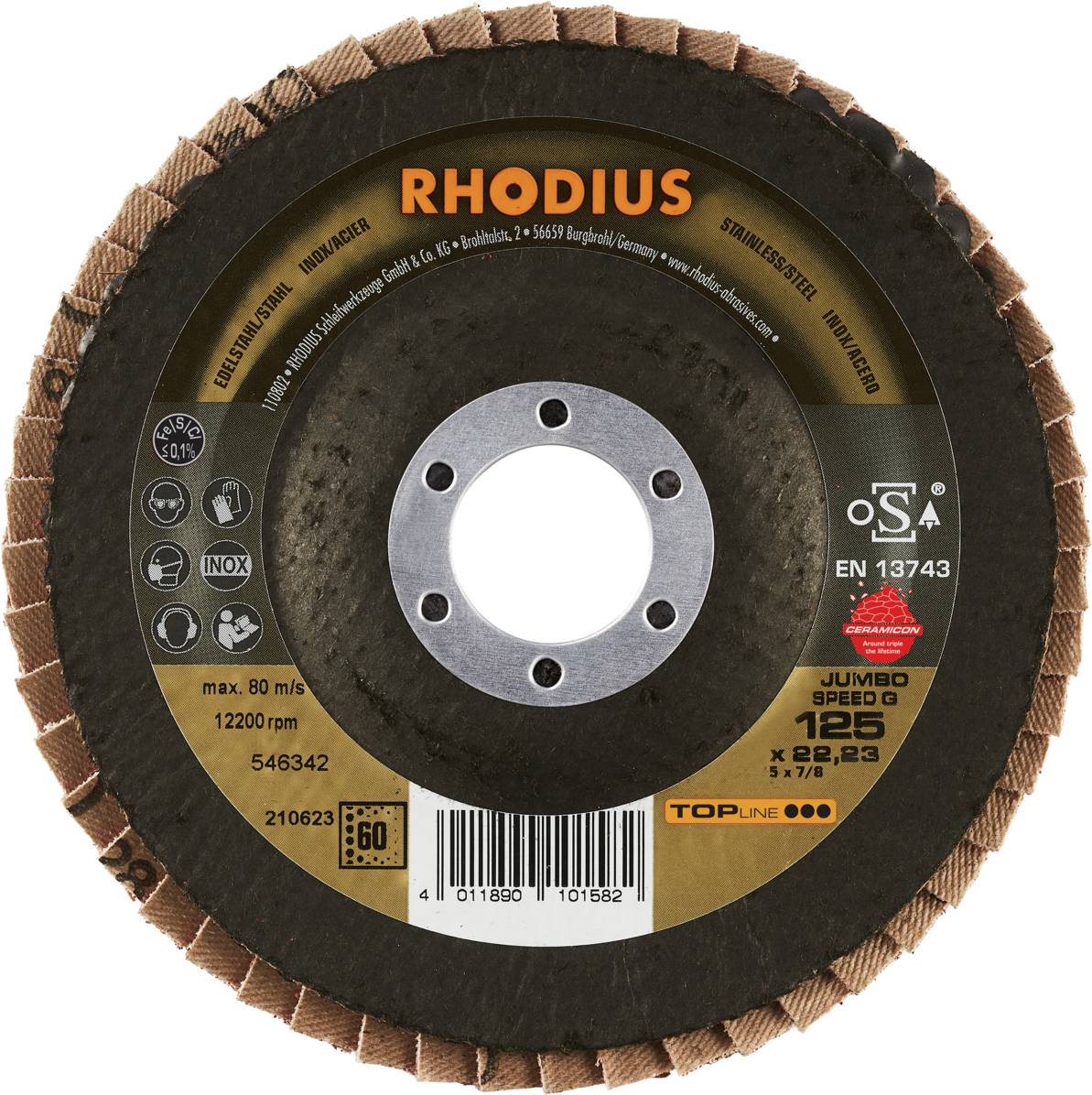 Tarcza szlifierska do obróbki metalu. Nazwa handlowa 'Rhodius', maksymalna prędkość obrotowa 12.200 obr./min, przeznaczona do stali nierdzewnej.