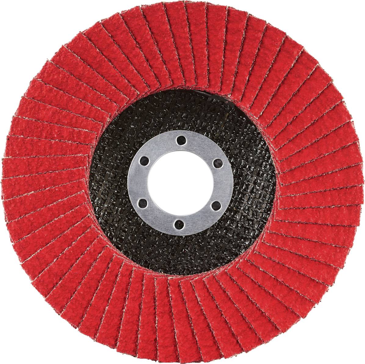 Czerwona tarcza szlifierska z wieloma nakładającymi się lamelkami, ułożonymi w kształcie koła wokół centralnego, metalowego otworu mocującego.