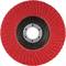 Czerwona tarcza szlifierska z wieloma nakładającymi się lamelkami, ułożonymi w kształcie koła wokół centralnego, metalowego otworu mocującego.
