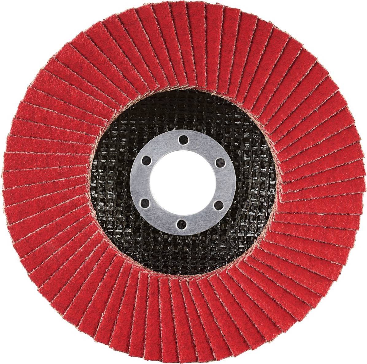 Okrągły materiał ścierny z czerwonymi lamelkami i centralnym otworem, stosowany do szlifowania lub polerowania powierzchni.
