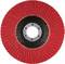 Okrągły materiał ścierny z czerwonymi lamelkami i centralnym otworem, stosowany do szlifowania lub polerowania powierzchni.