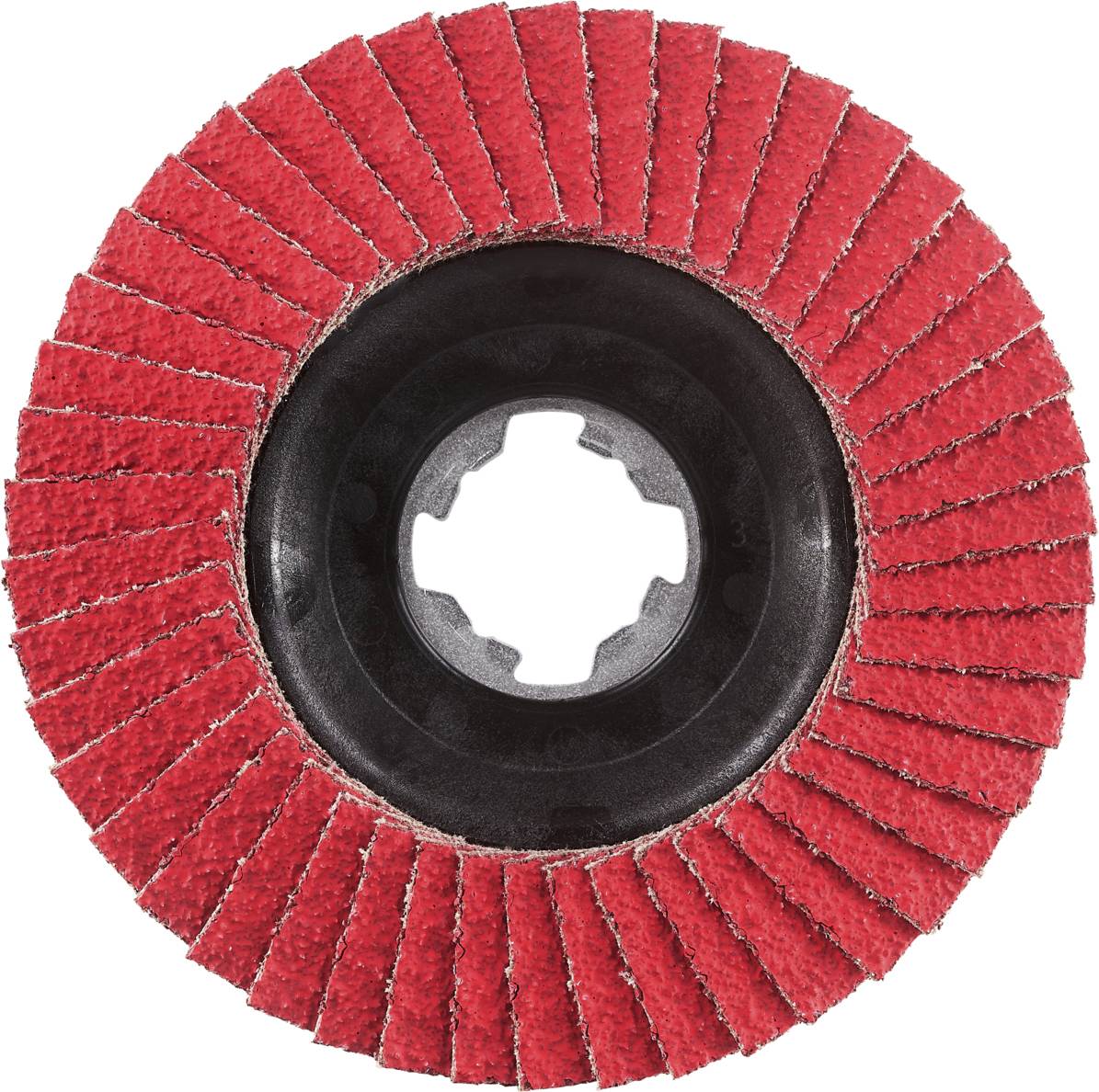Czerwona tarcza ścierna w kształcie dysku z czarnym centrum, używana do polerowania lub szlifowania materiałów.