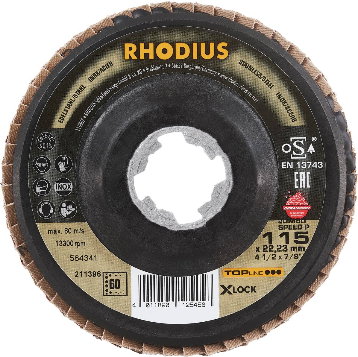 Tarcza ścierna RHODIUS, 115 mm średnicy, ziarnistość 60, maksymalna prędkość 80 m/s, odpowiednia do stali nierdzewnej, z systemem X-LOCK.
