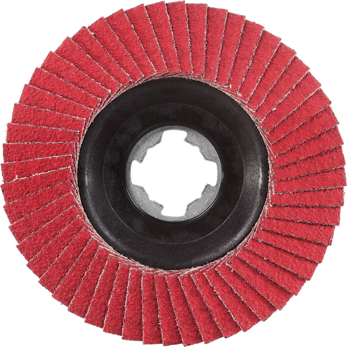 Tarcza szlifierska z czerwonym papierem ściernym na czarnej podstawie z tworzywa sztucznego, z promieniście rozłożonymi skrzydłami zapewniającymi równomierne szlifowanie.