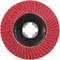 Tarcza szlifierska z czerwonym papierem ściernym na czarnej podstawie z tworzywa sztucznego, z promieniście rozłożonymi skrzydłami zapewniającymi równomierne szlifowanie.