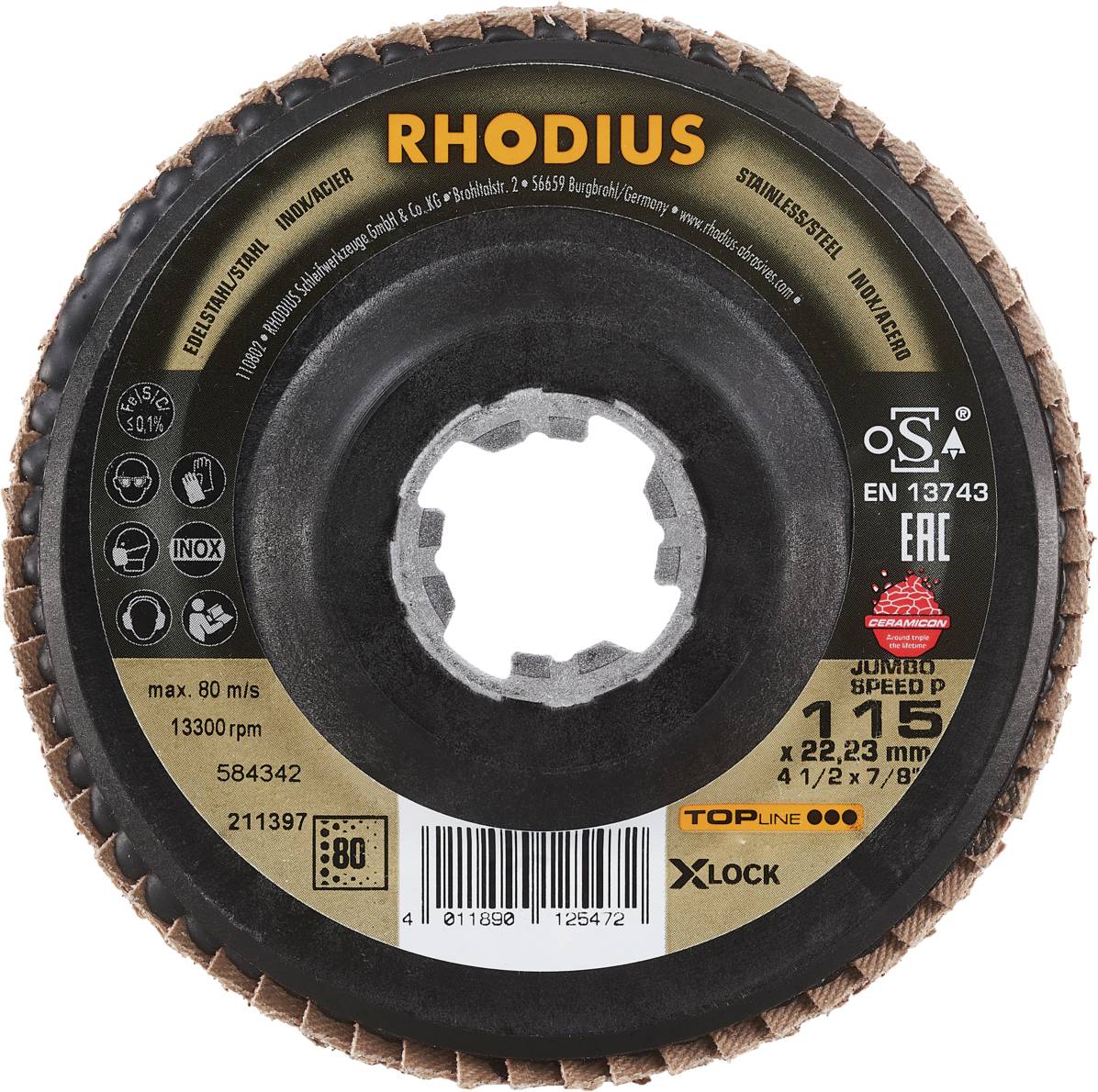 Tarcza szlifierska marki Rhodius do szlifowania metalu, z mocowaniem X-Lock. Wymiary: 125 x 22,23 mm, maks. 80 m/s, 13300 obr./min.