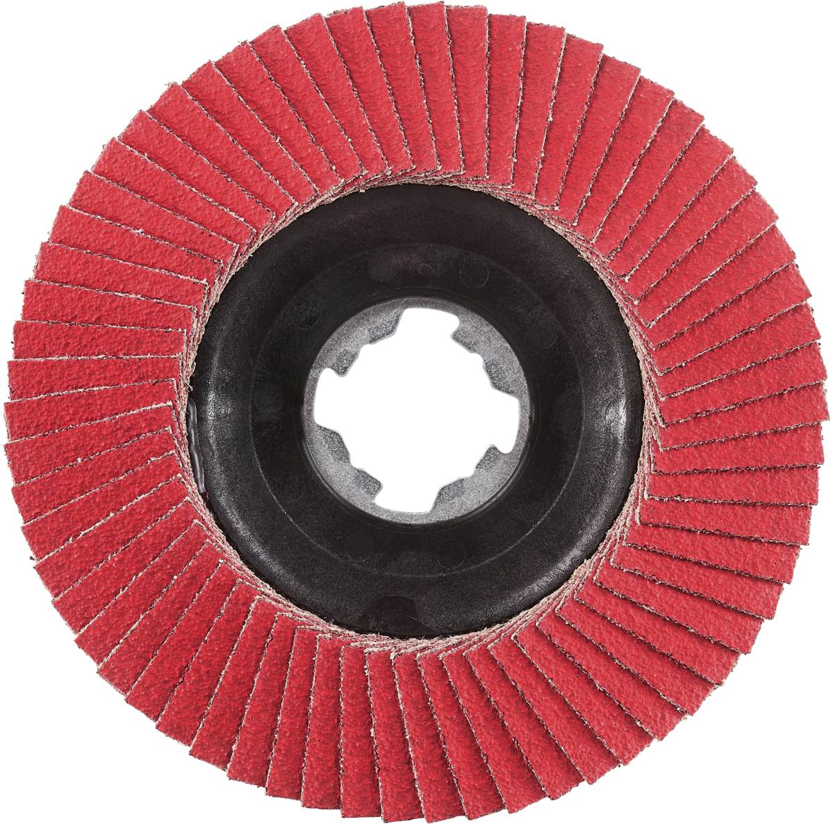 Czerwona tarcza szlifierska z promieniowo rozmieszczonymi listwami z papieru ściernego, używana do obróbki materiałów.