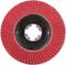 Czerwona tarcza szlifierska z promieniowo rozmieszczonymi listwami z papieru ściernego, używana do obróbki materiałów.