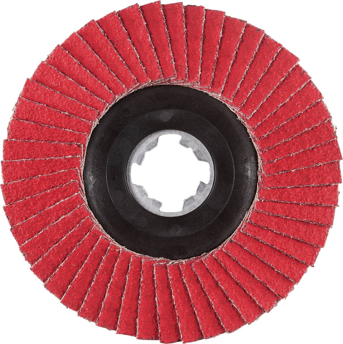 Czerwone lamelkowe koło szlifierskie z czarnym rdzeniem pośrodku, używane do szlifowania lub polerowania powierzchni.