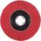 Czerwone lamelkowe koło szlifierskie z czarnym rdzeniem pośrodku, używane do szlifowania lub polerowania powierzchni.