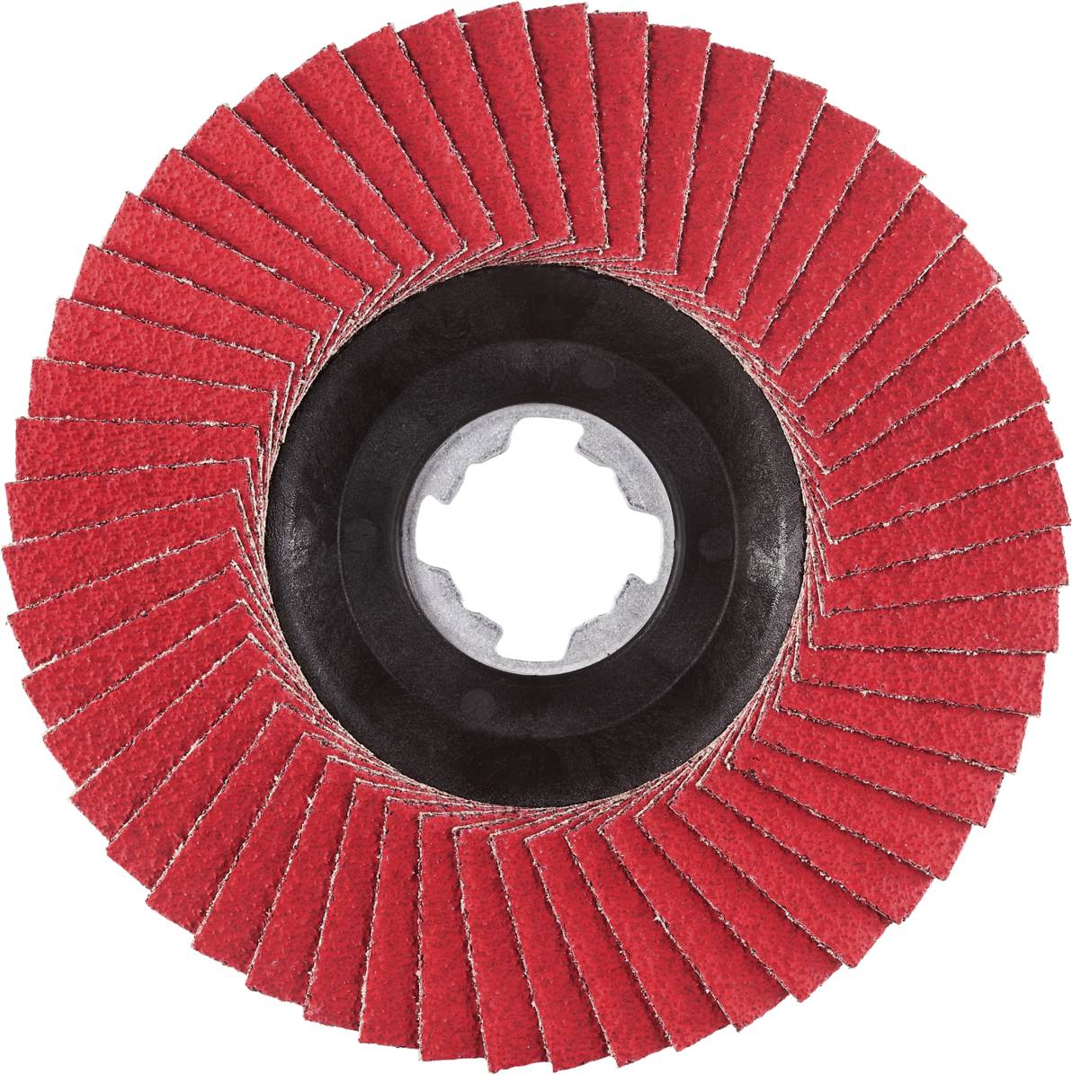 Czerwone koło szlifierskie z gwiazdkowato rozmieszczonymi lamelami na czarnym tle, z centralnym otworem mocującym.
