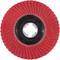 Czerwone koło szlifierskie z gwiazdkowato rozmieszczonymi lamelami na czarnym tle, z centralnym otworem mocującym.
