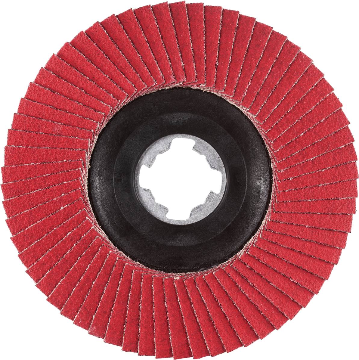 Czerwona tarcza lamelkowa z czarną plastikową częścią wewnętrzną, używana do szlifowania lub polerowania powierzchni.