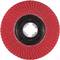 Czerwona tarcza lamelkowa z czarną plastikową częścią wewnętrzną, używana do szlifowania lub polerowania powierzchni.