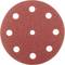 Okrągły, czerwony papier ścierny z dziewięcioma równomiernie rozmieszczonymi otworami.